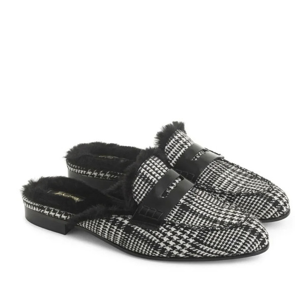 J.Crew Academy Loafer Mule with Faux Fur Lining Black/ Ivory Plaid Fabric - Picture 2 of 9